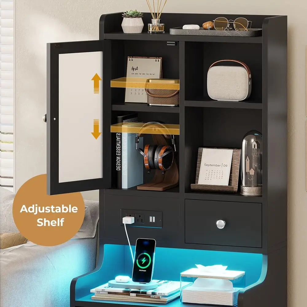 Dual LED Nightstand Set With Charging Station And Bookshelf