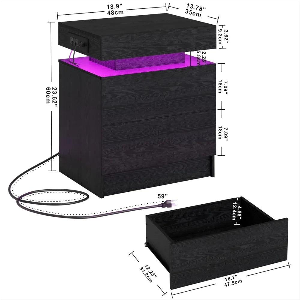 Modern Nightstand With Charging Station, LED Light, And Drawers