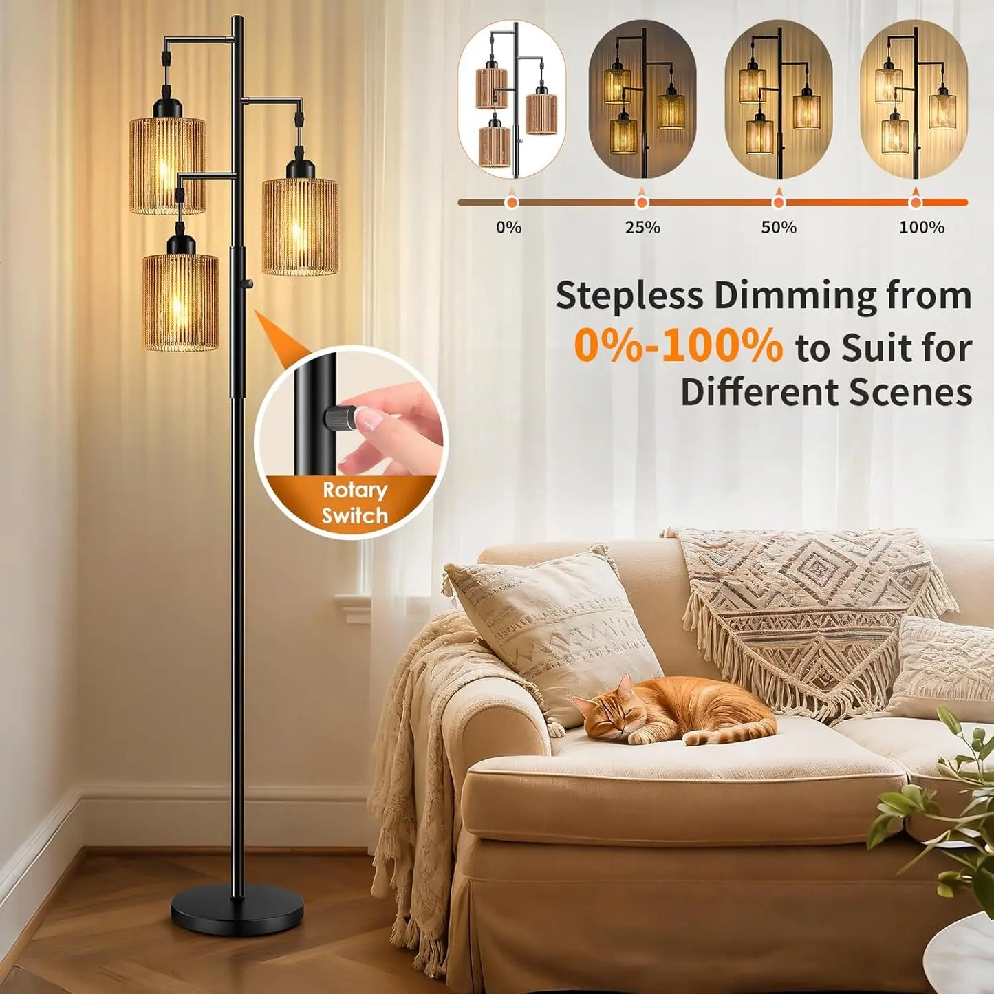 Rattan Boho Floor Lamp With Dimmable Light And LED Bulbs