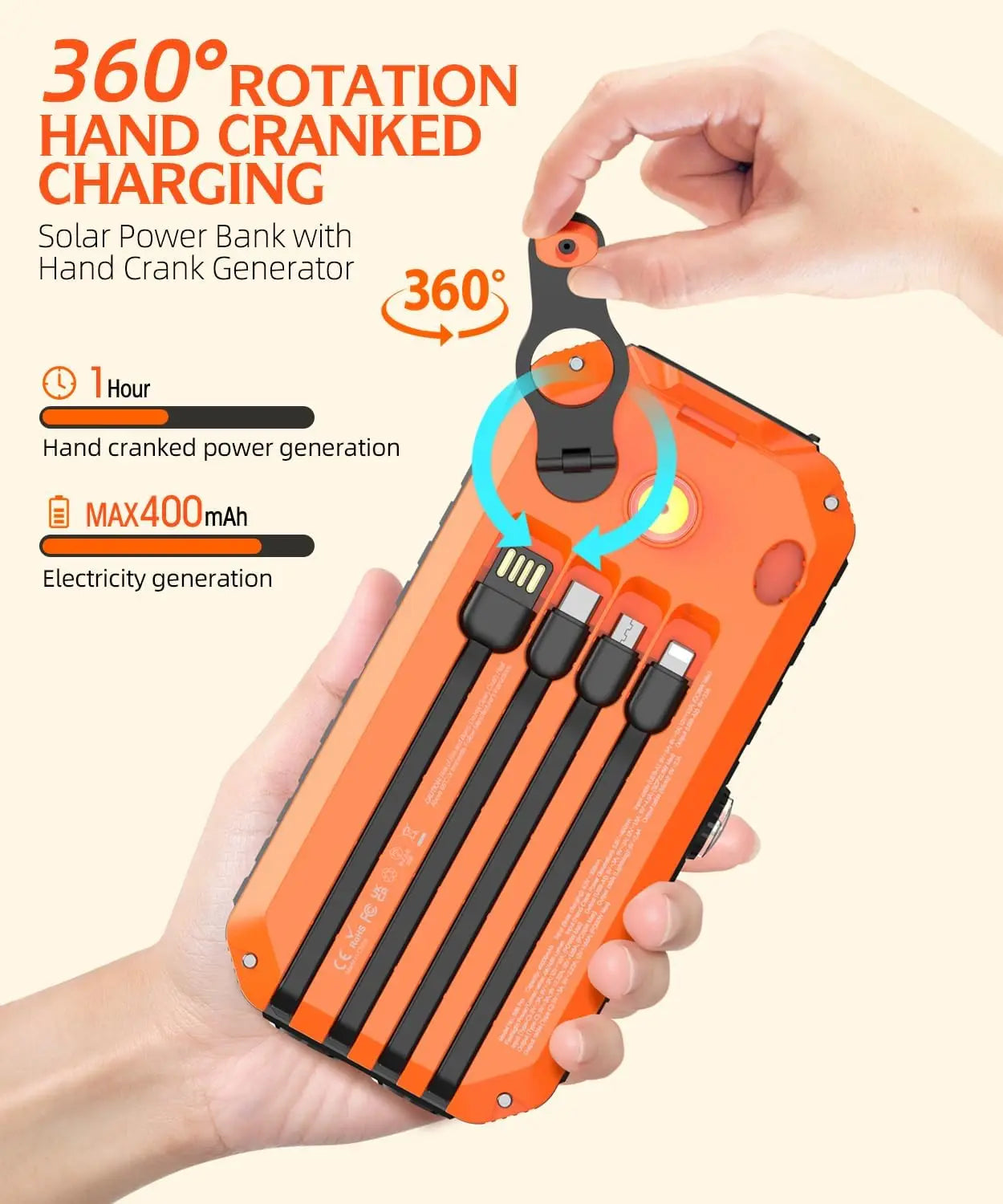 Solar Charger 40000mAh With Built-In Cables and Hand Crank