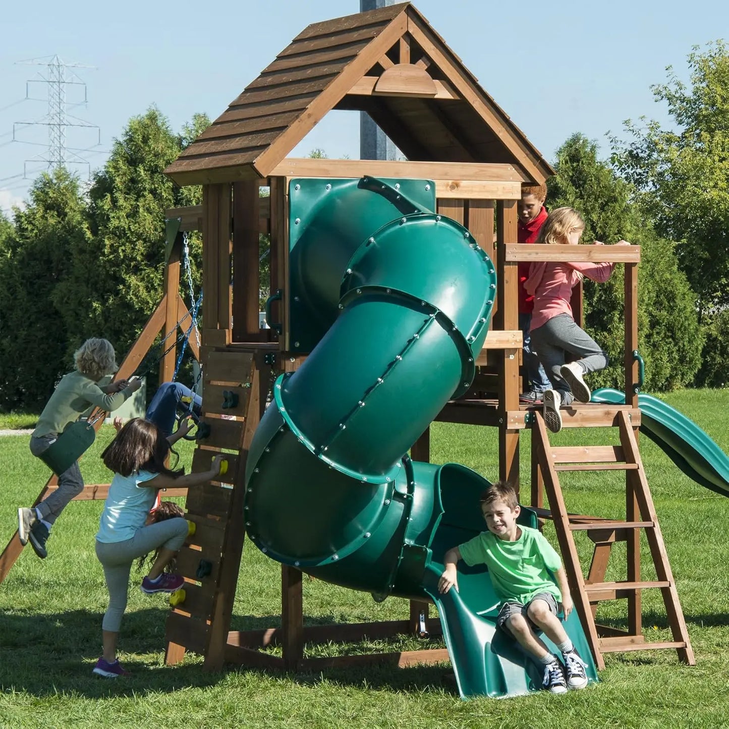 Treehouse Wooden Swing Set Tube Slide Wave Slide Climbing Wall