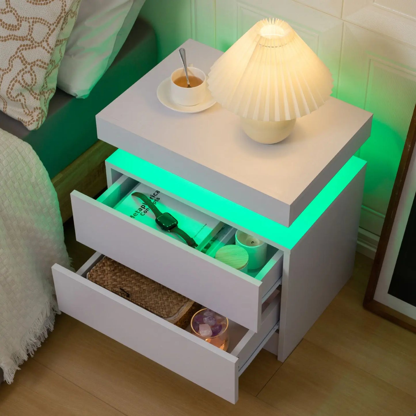 Cubehom LED Nightstands With RGB Lights And Two Drawers