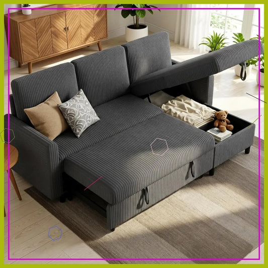 L-Shaped Corduroy Sleeper Sofa With Storage, Convertible