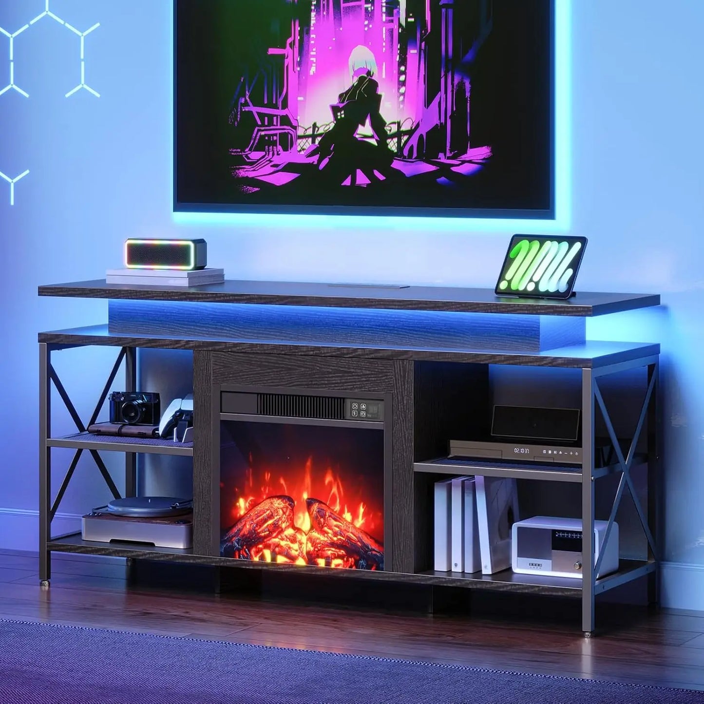 Fireplace Tv Stand With Led Lights And Charging Station