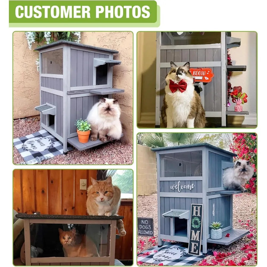 NONECN Two-Story Wooden Outdoor Cat House With Escape Doors