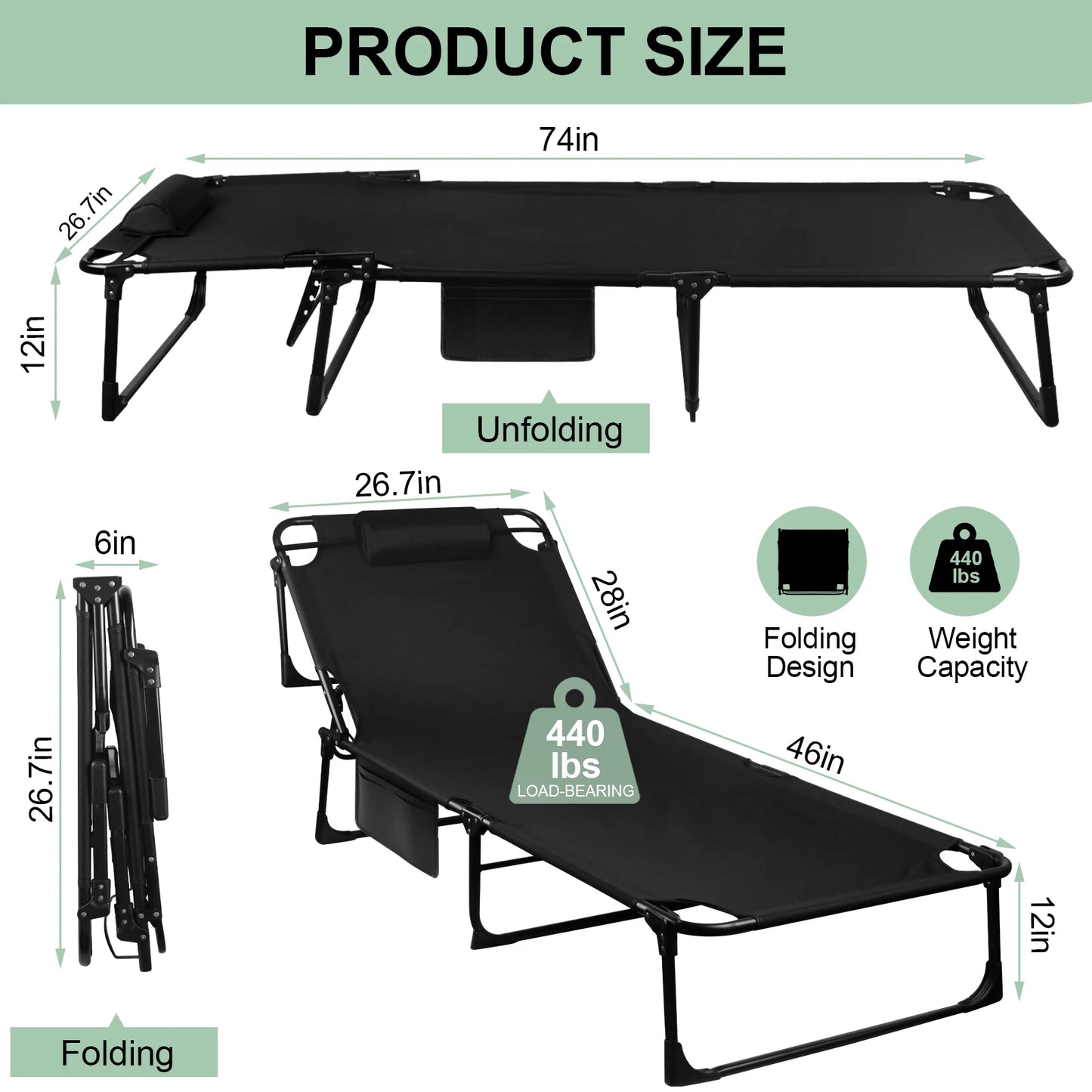 Portable Folding Camping Cot With 3 Position Adjustable Recliner Pillow