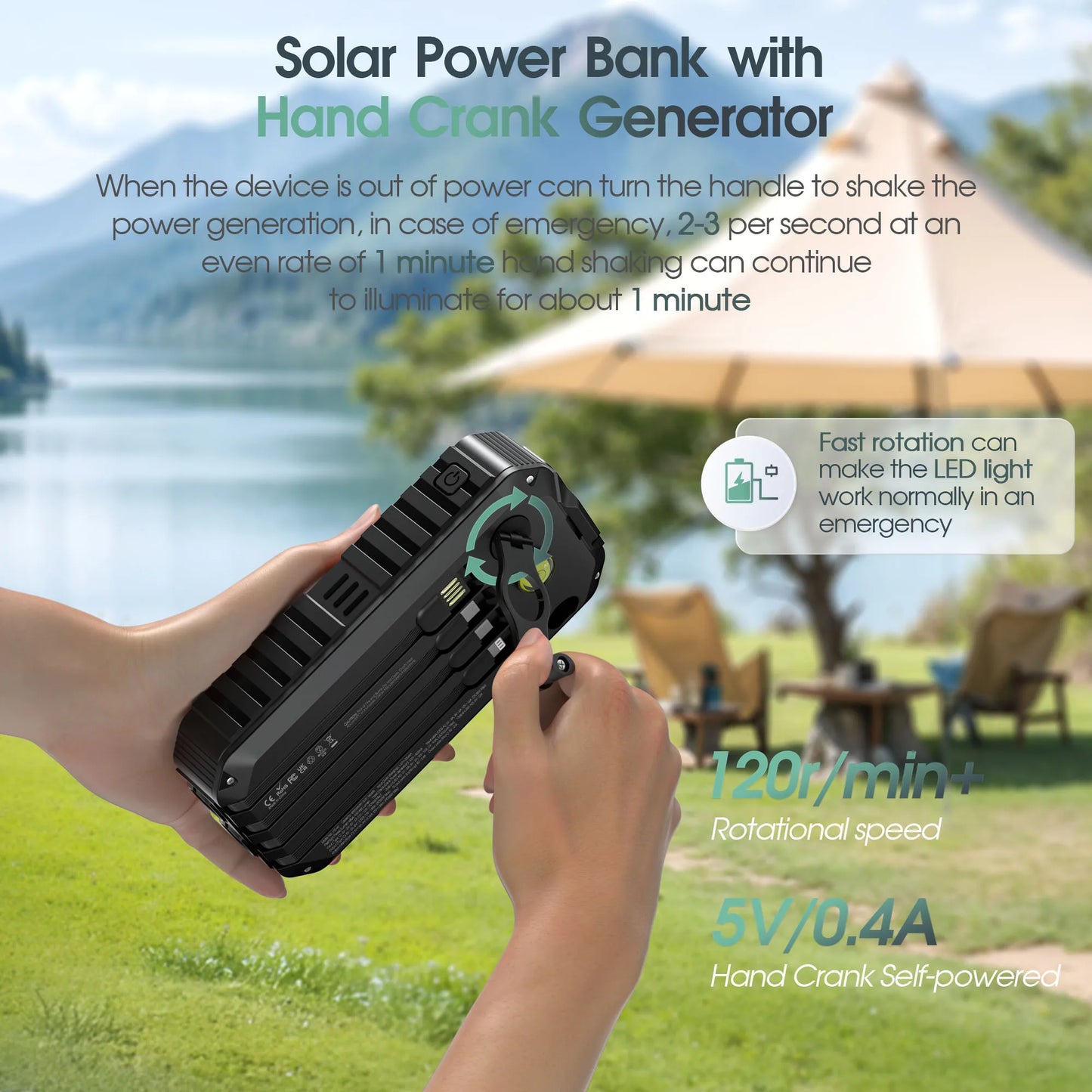 40000mAh Solar Power Bank With Hand Crank And Cables