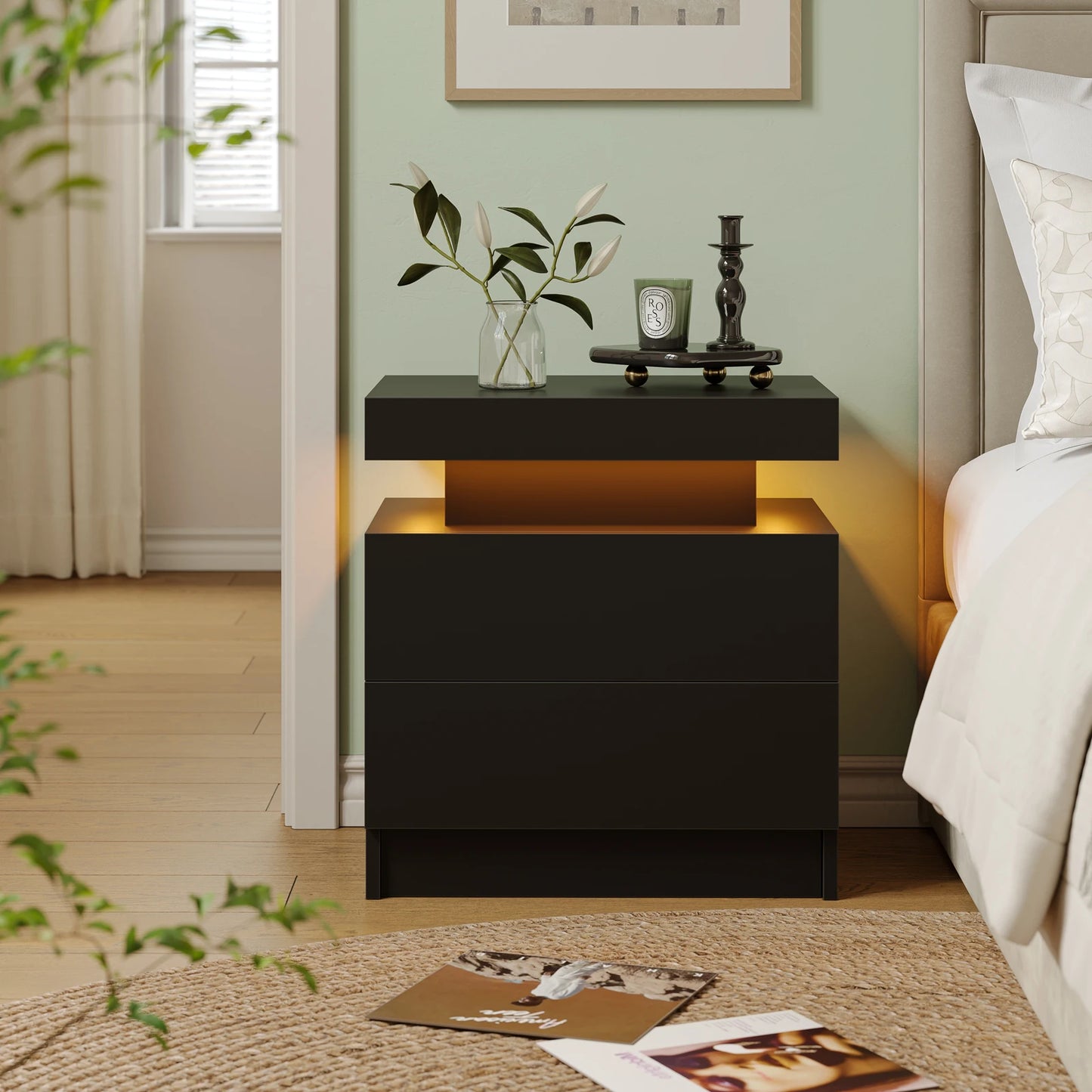 Cubehom LED Nightstands With RGB Lights And Two Drawers