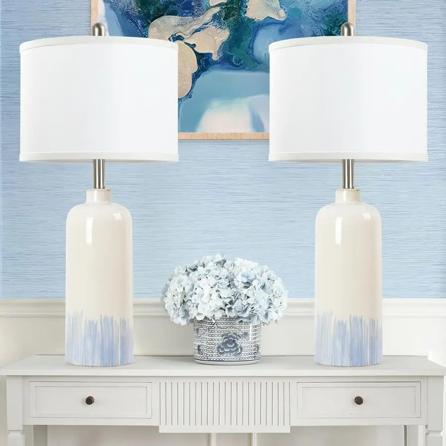 Ceramic Coastal Table Lamps Set 2-Pack With Fabric Shades