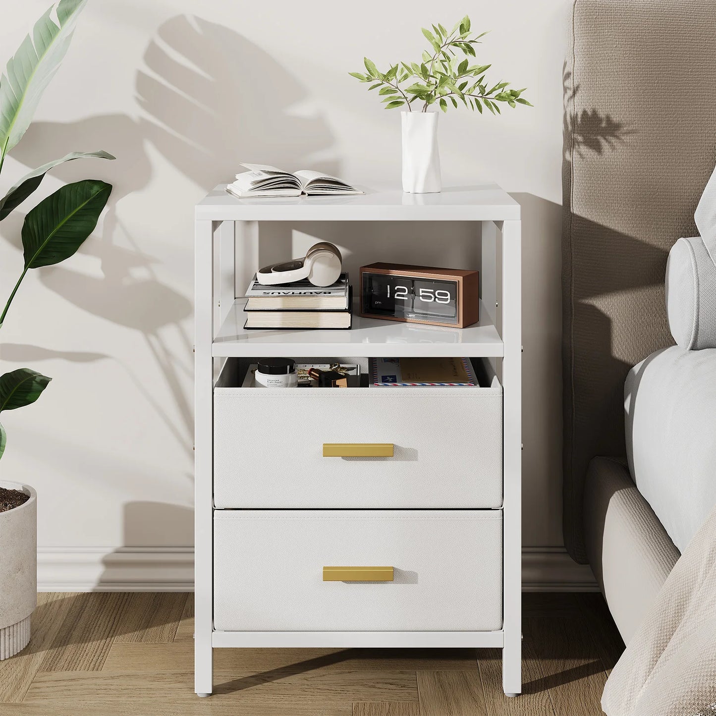 Particle Board Modern Bedside Table With Fabric Drawers
