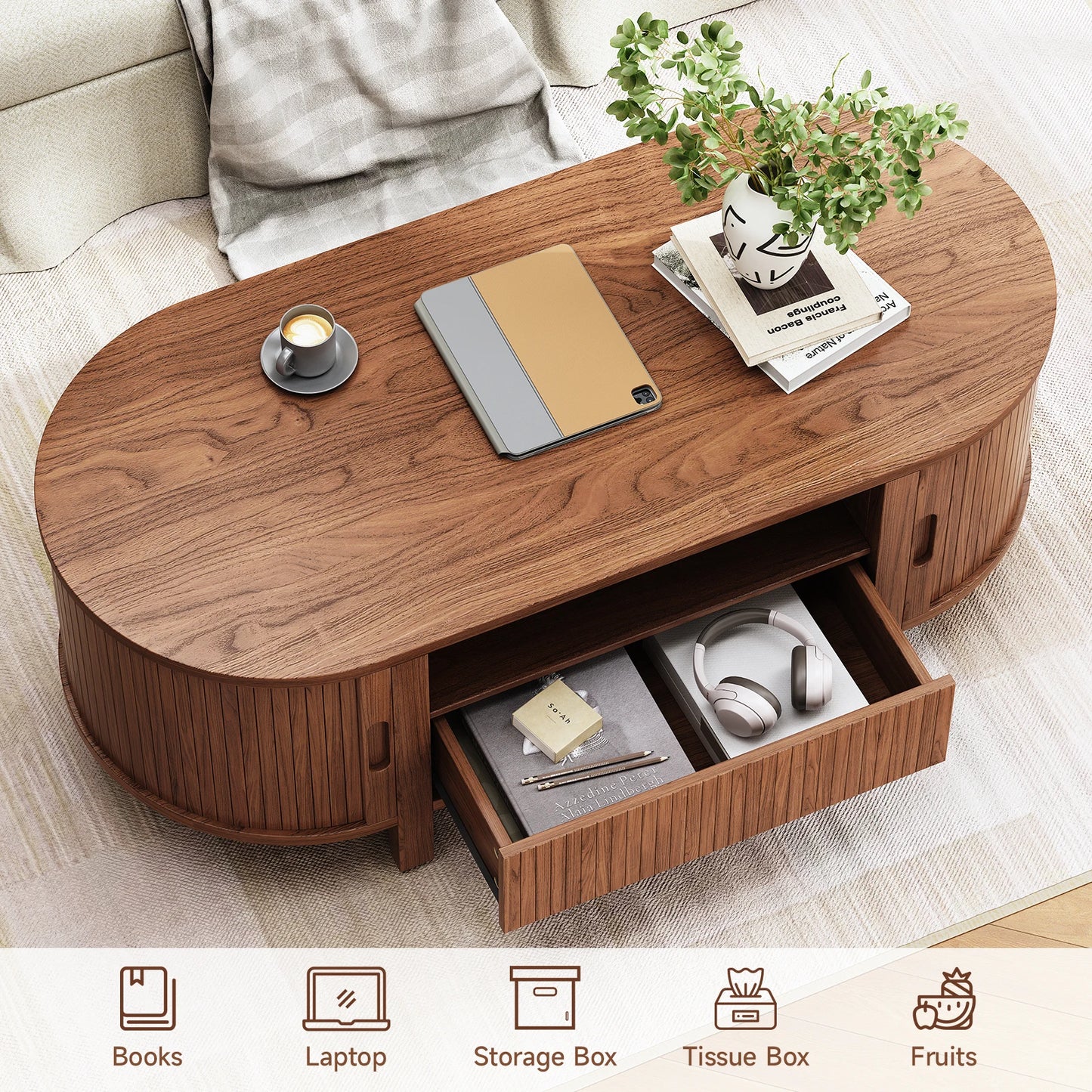 Oval Coffee Table With Cabinets And Sliding Doors