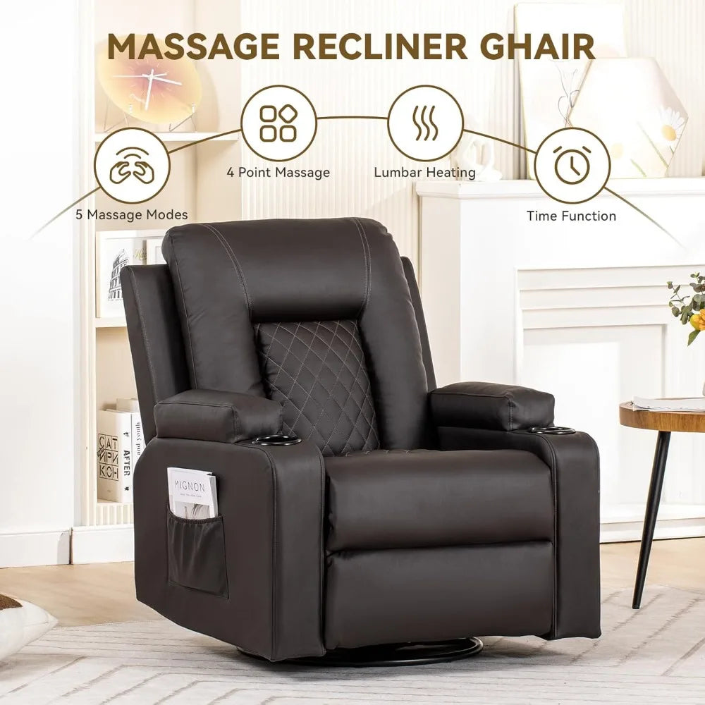 Adult Swivel Rocker Recliner With Massage And Heat Cup Holder