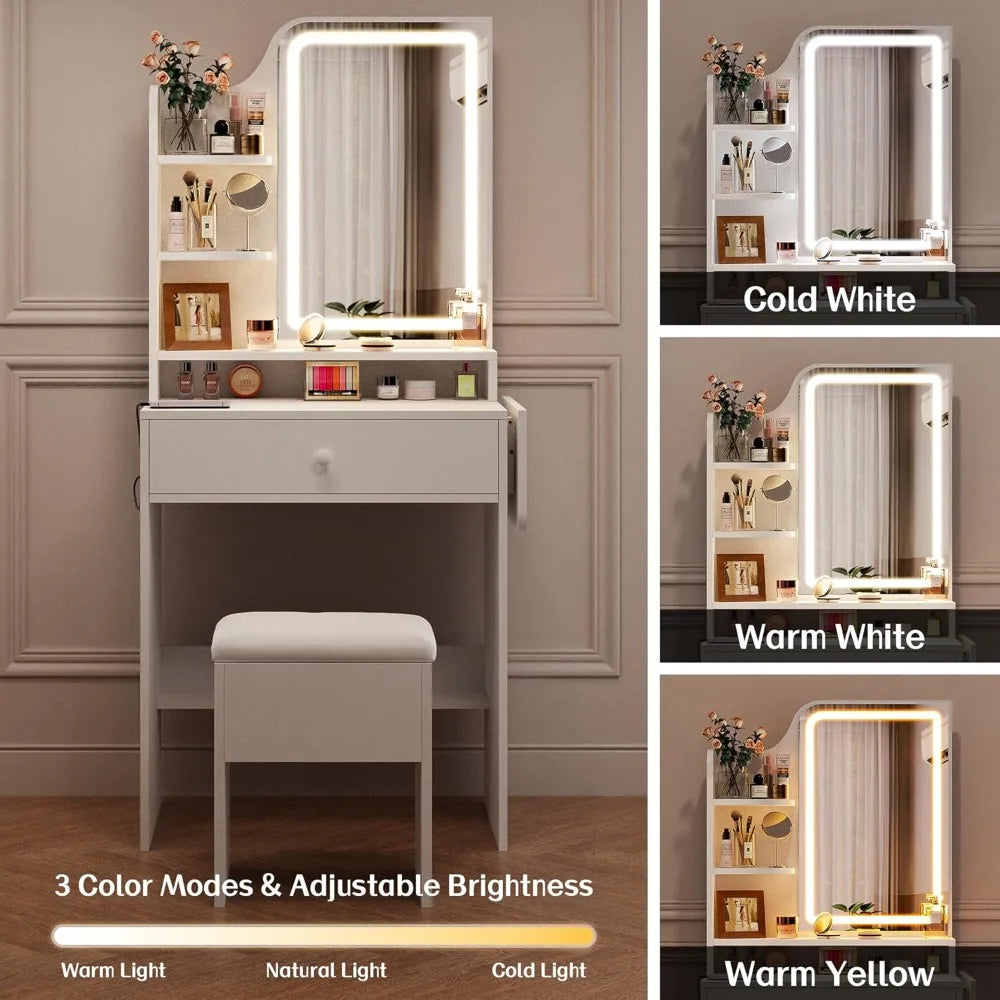 Compact Makeup Vanity Desk With LED Mirror And Charging Station