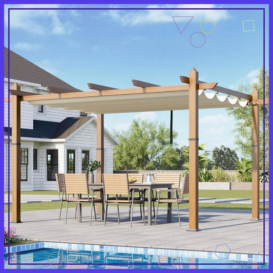 Outdoor Aluminum Pergola With Retractable Sun Shade Canopy UV Protection