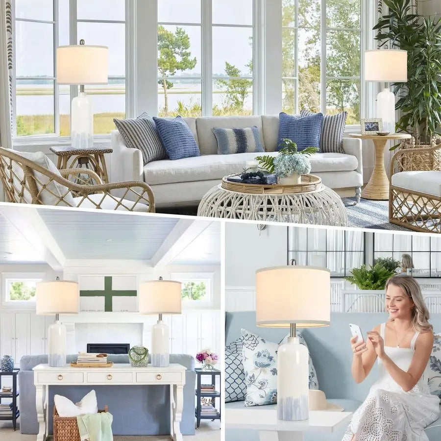 Ceramic Coastal Table Lamps Set 2-Pack With Fabric Shades
