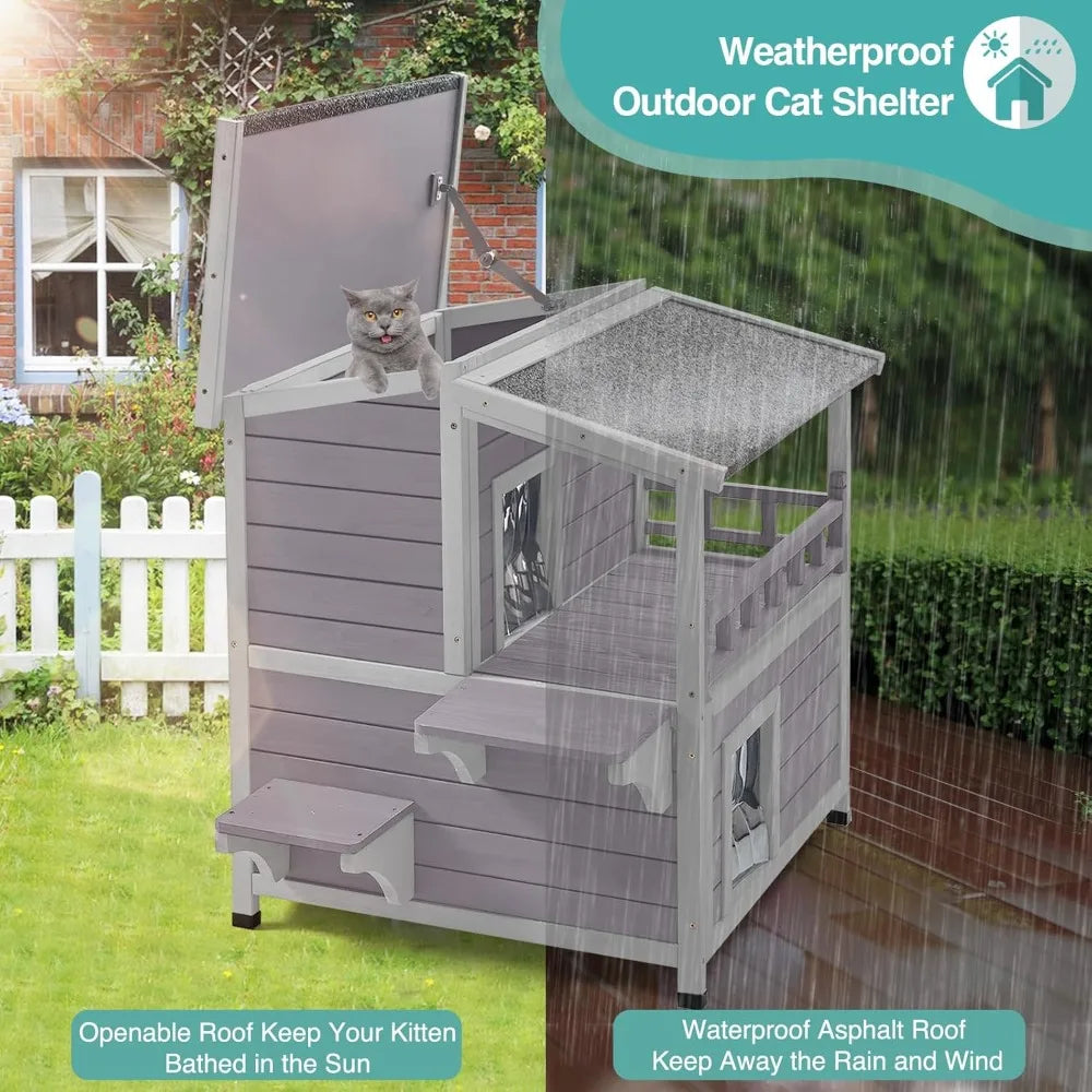 Outdoor Cat House Weatherproof Wooden Two-Story Shelter With Sunbath Balcony