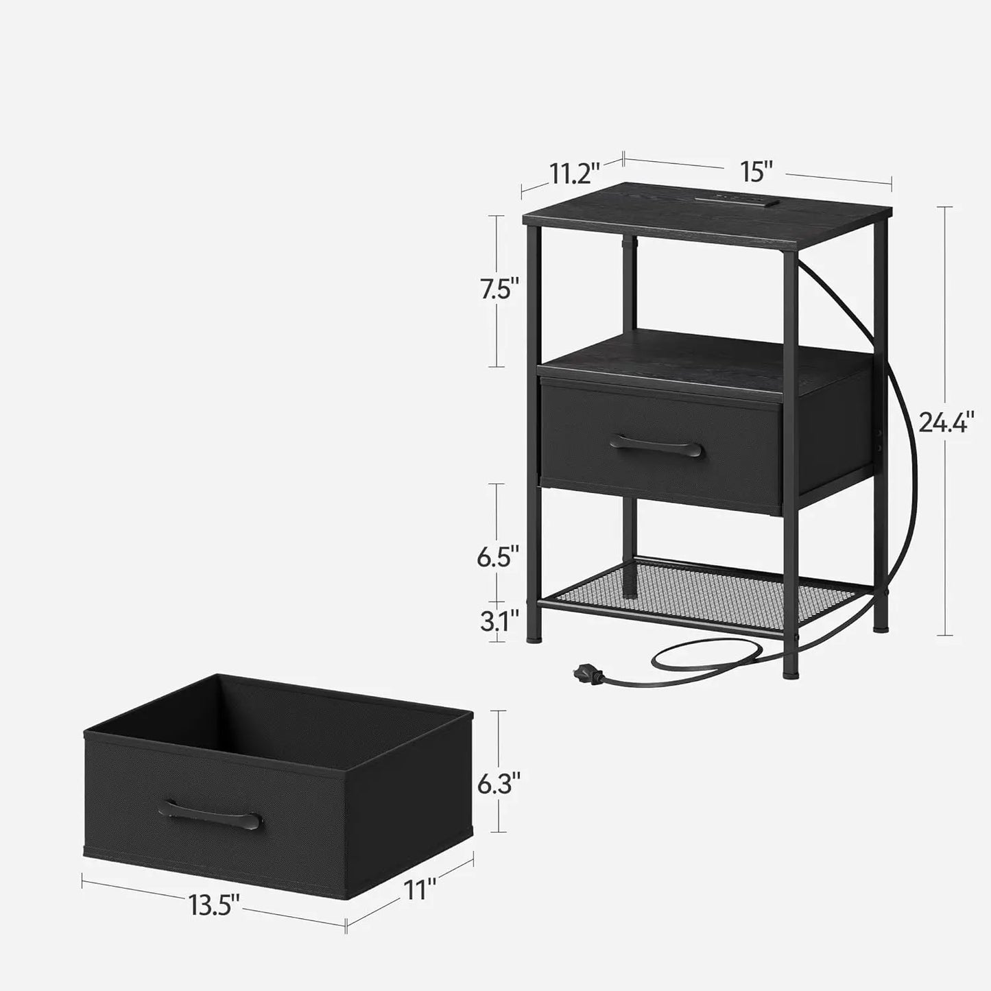 Two-Piece Night Stand Set With Charging Station And LED Lights