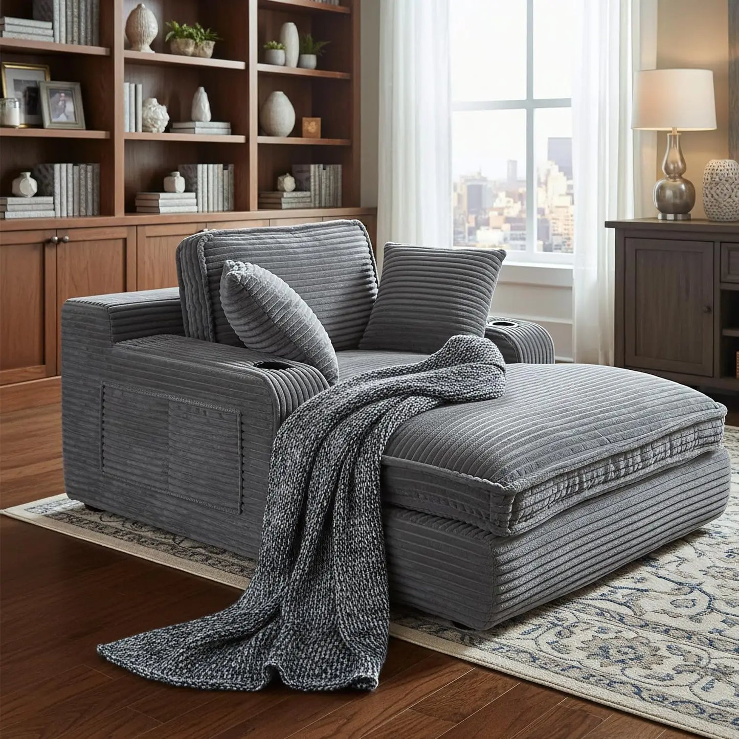 Indoor Oversized Chaise Lounge Chair With Pillows And Pockets