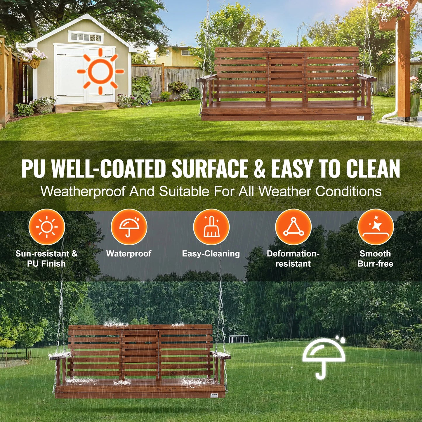 SucceBuy Wooden Porch Swing For Patio Outdoor Courtyard Load Capacity