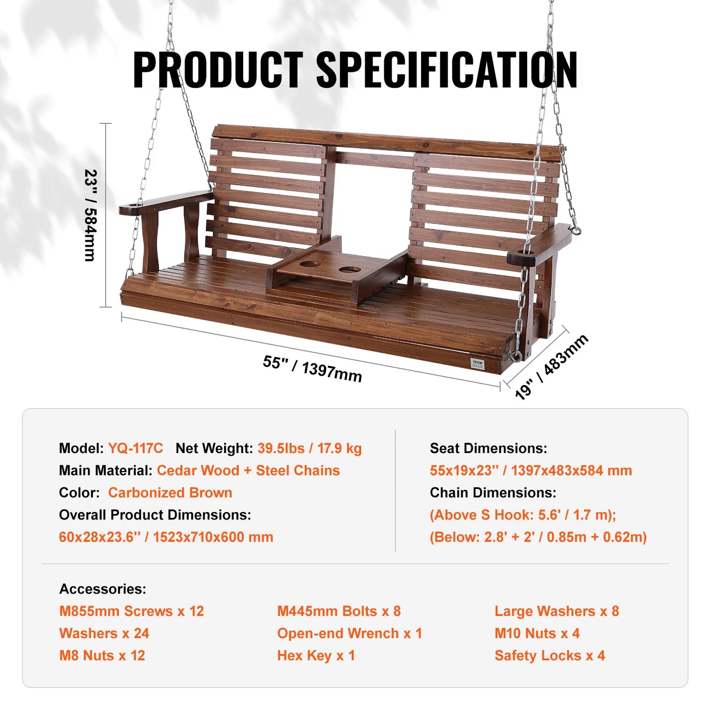 SucceBuy Wooden Porch Swing For Patio Outdoor Courtyard Load Capacity