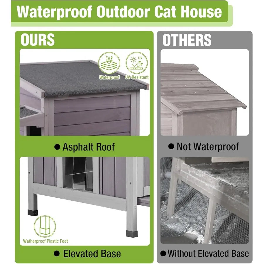 NONECN Two-Story Wooden Outdoor Cat House With Escape Doors