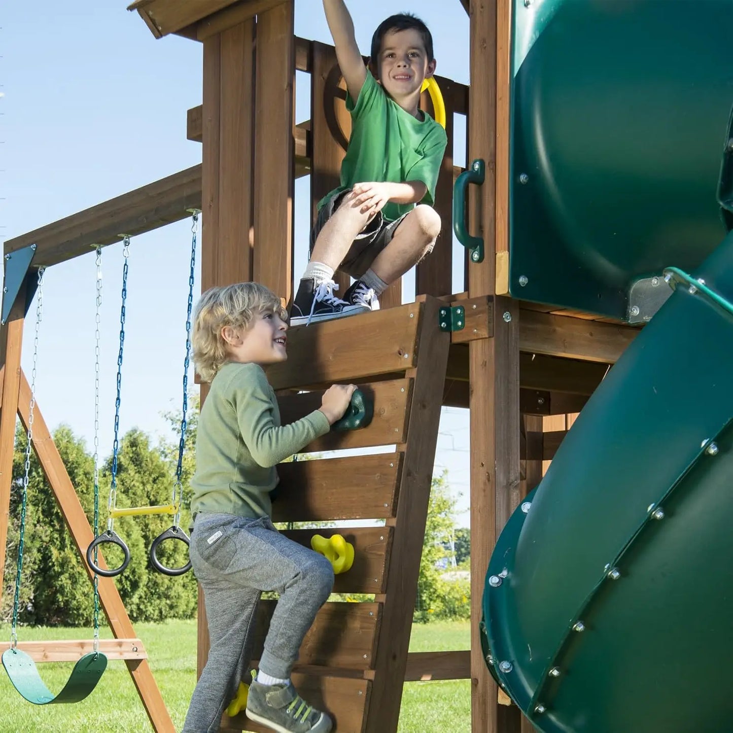 Treehouse Wooden Swing Set Tube Slide Wave Slide Climbing Wall