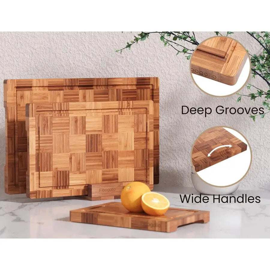 End Grain Bamboo Cutting Board Set With Juice Groove Holder