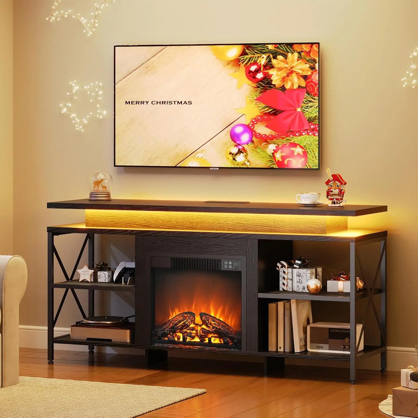 Fireplace Tv Stand With Led Lights And Charging Station