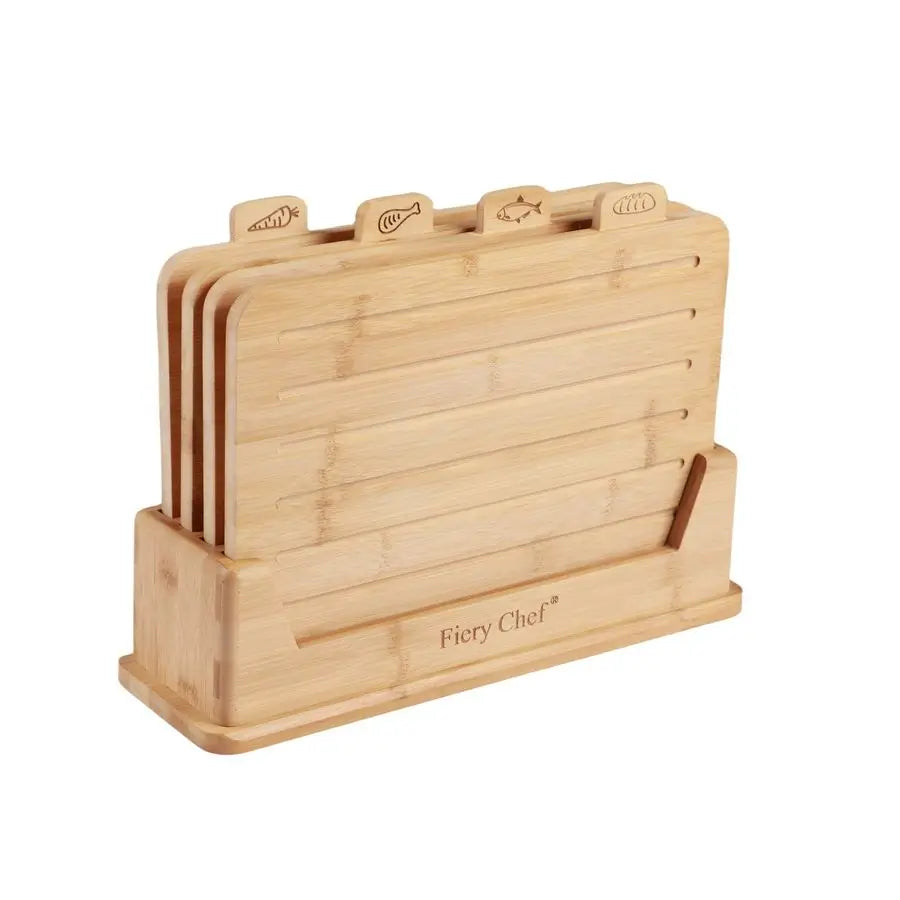 Bamboo Cutting Board Set Of 4 With Holder And Icons