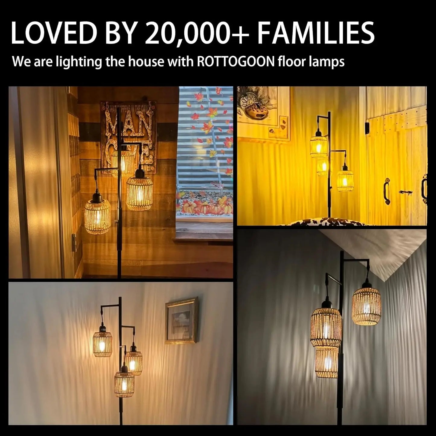 Dimmable Boho Floor Lamp 3 Light Farmhouse Rattan Design
