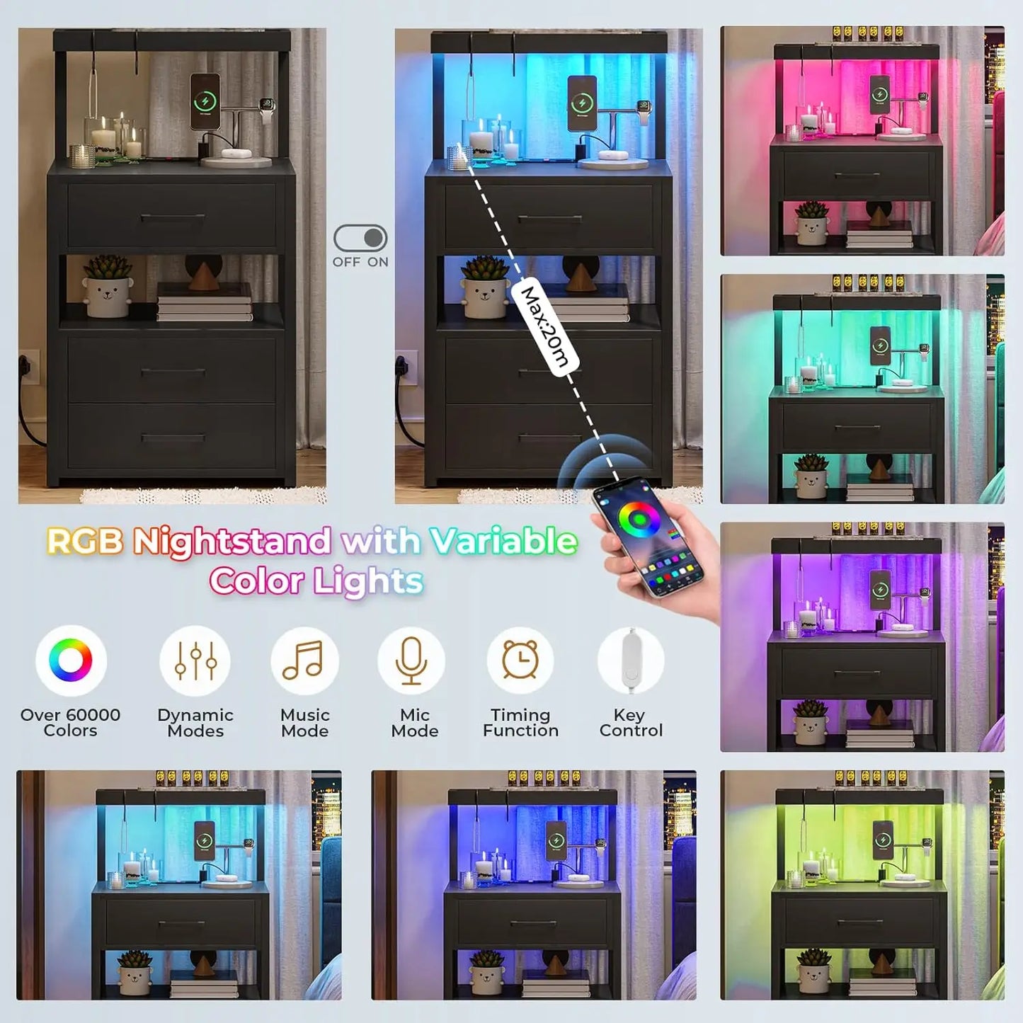 Guangbai Nightstands Set Of 2 With LED Charging Station