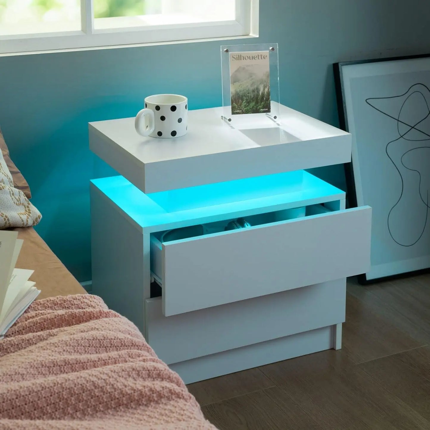 Modern Wood Two Nightstands Set With LED Lighting And Drawers