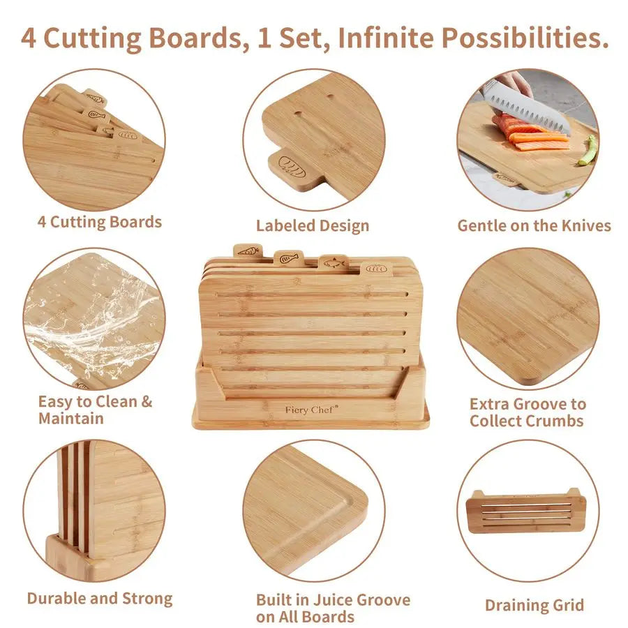 Bamboo Cutting Board Set Of 4 With Holder And Icons