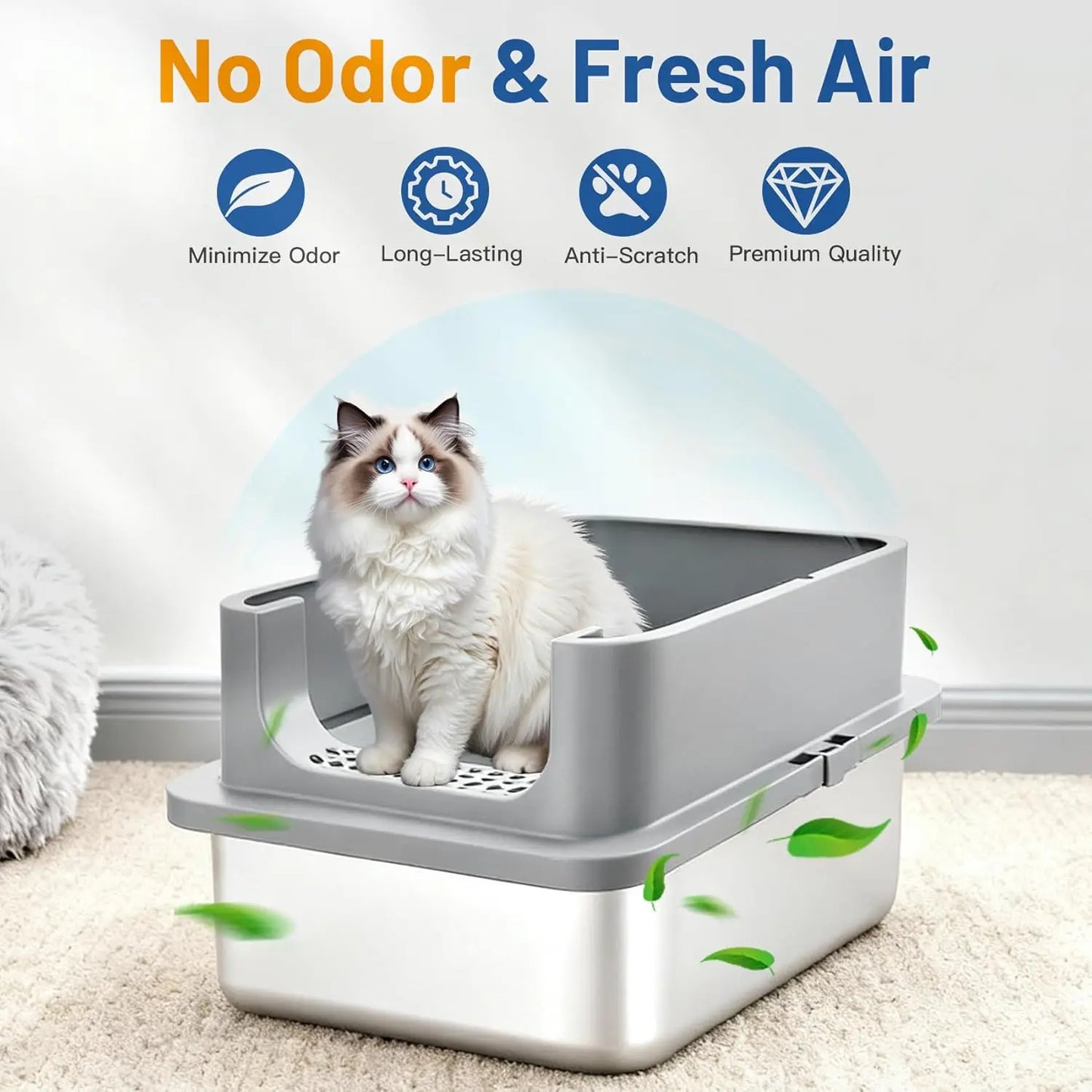 2-Pack Stainless Steel Cat Litter Box With Lid, Leak-Proof Odor-Resistant