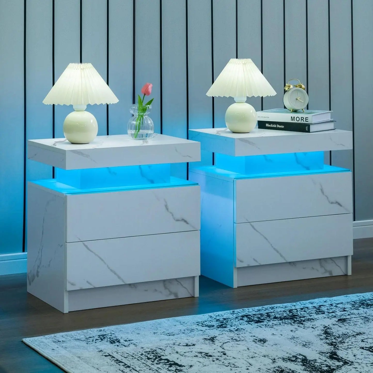 Modern Wood Two Nightstands Set With LED Lighting And Drawers