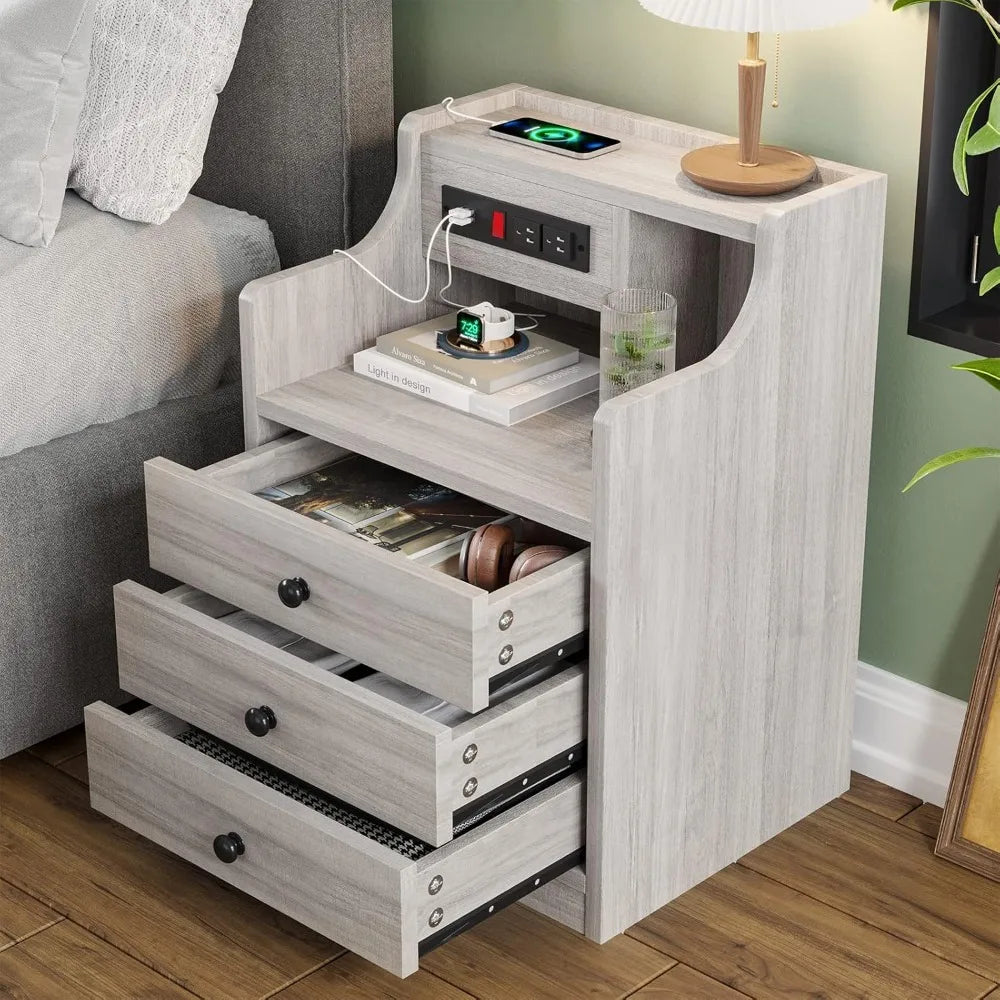 Nightstand Set 2 With Charging Station And Hutch Drawers