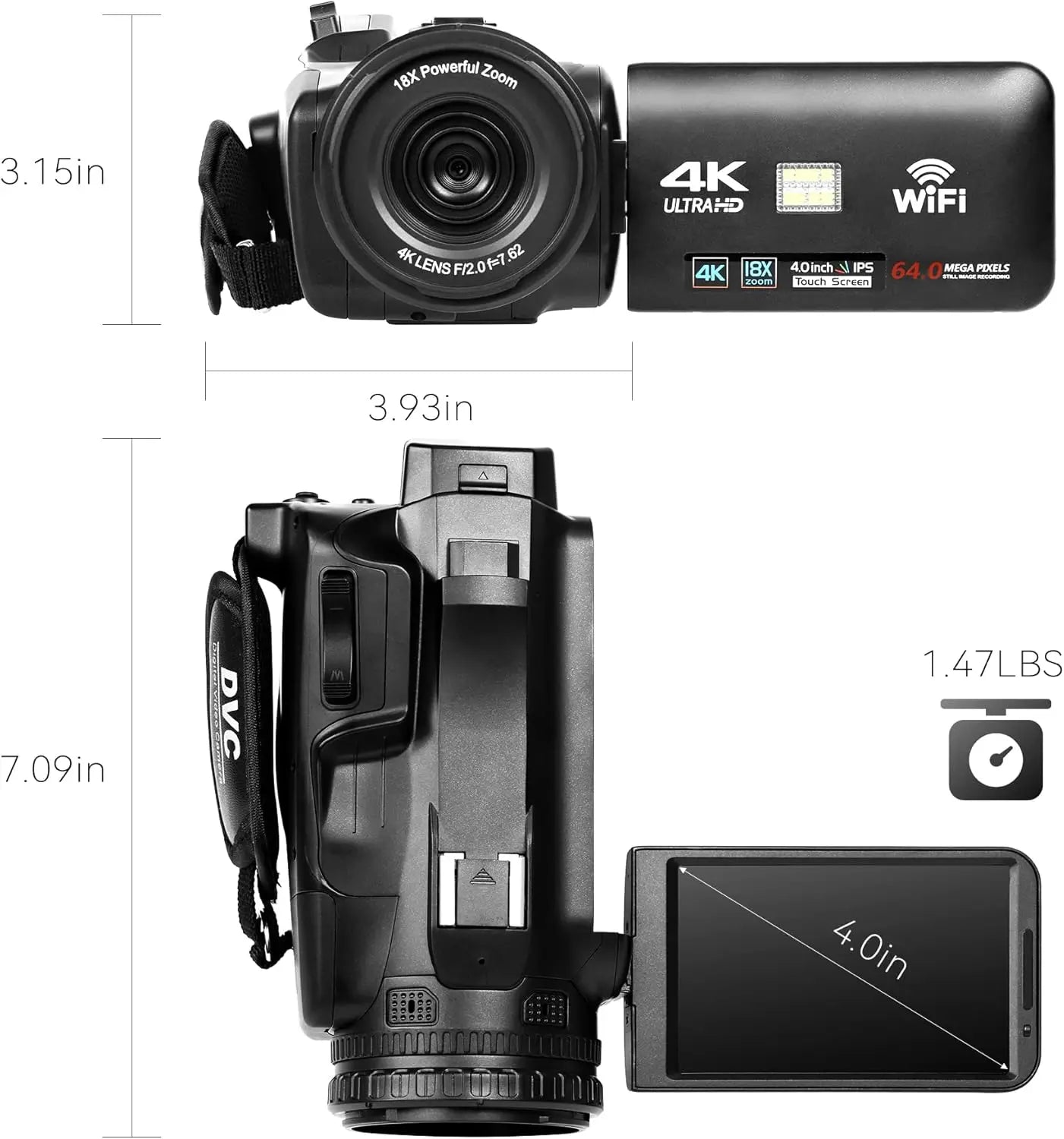 UHD 4k Video Camera Camcorder with 18X Digital Zoom,64MP Digital Camera Recorder,4.0-inch Rotating Touchscreen,64GB SD Card,Micr