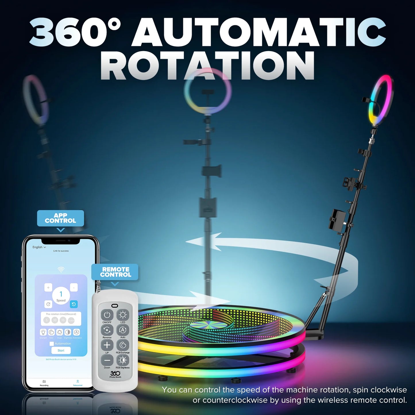 Glass Material 360 Rotating Photo Booth Machine 39.4 Inch With RGB Ring Light App Control For Parties Events With Freight Case