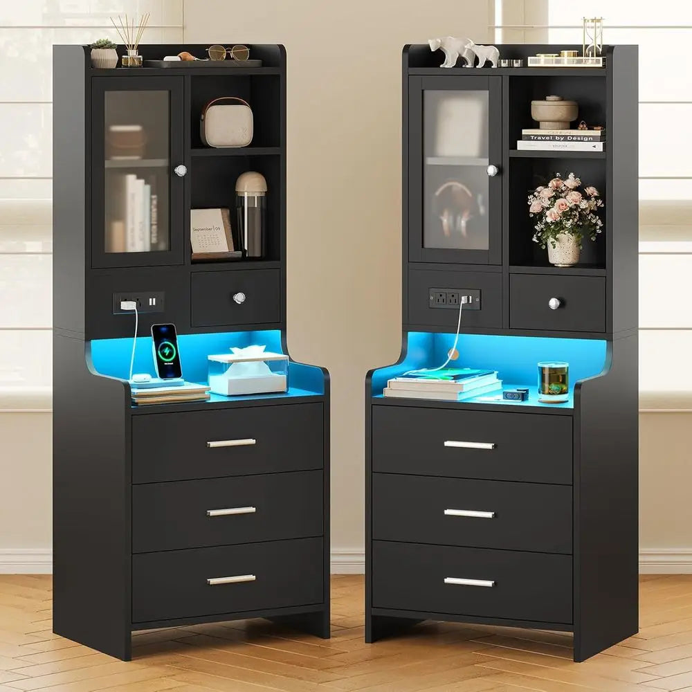 Dual LED Nightstand Set With Charging Station And Bookshelf