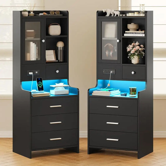 Dual LED Nightstand Set With Charging Station And Bookshelf