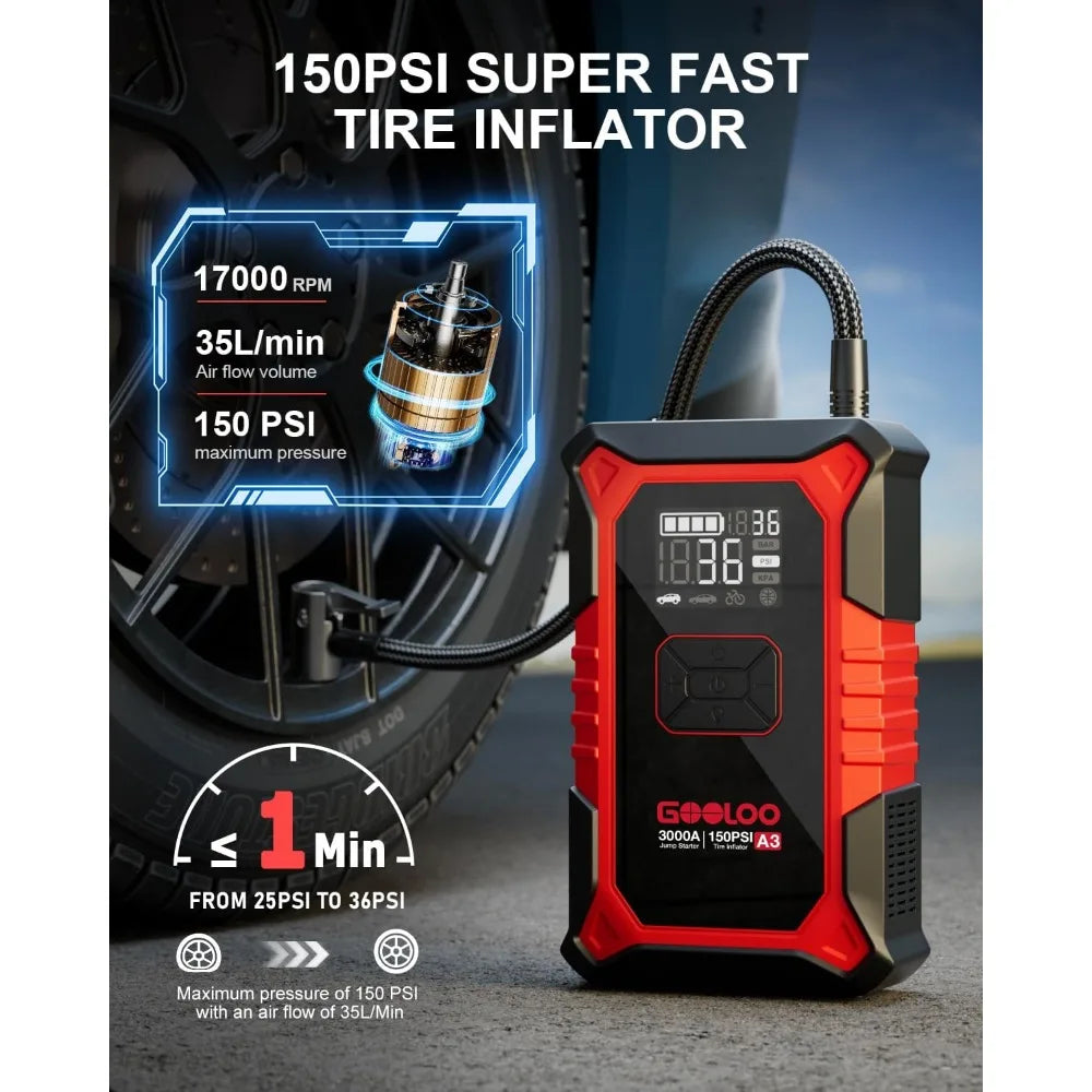 GOOLOO A3 Jump Starter with Air Compressor, 3000A Portable Car Battery Booster (9.0 Gas/6.5L Diesel) with 150PSI Auto-Shutoff Ti