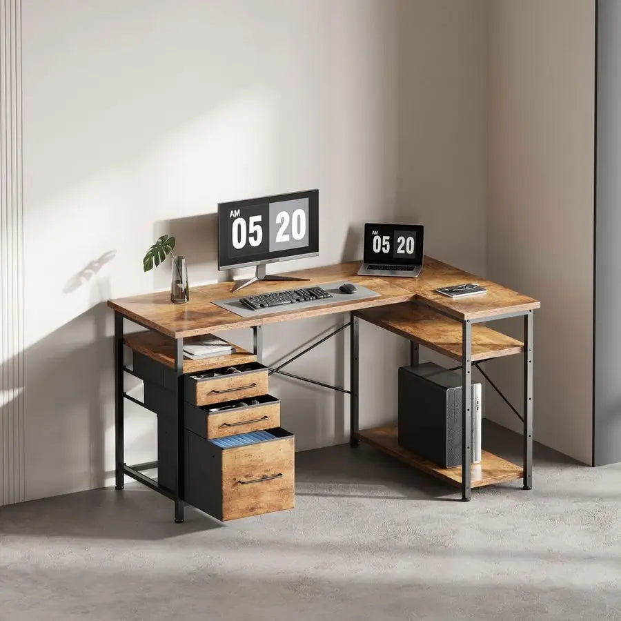 XMSJ L Shaped Desk with Drawers for Corner Space Storage