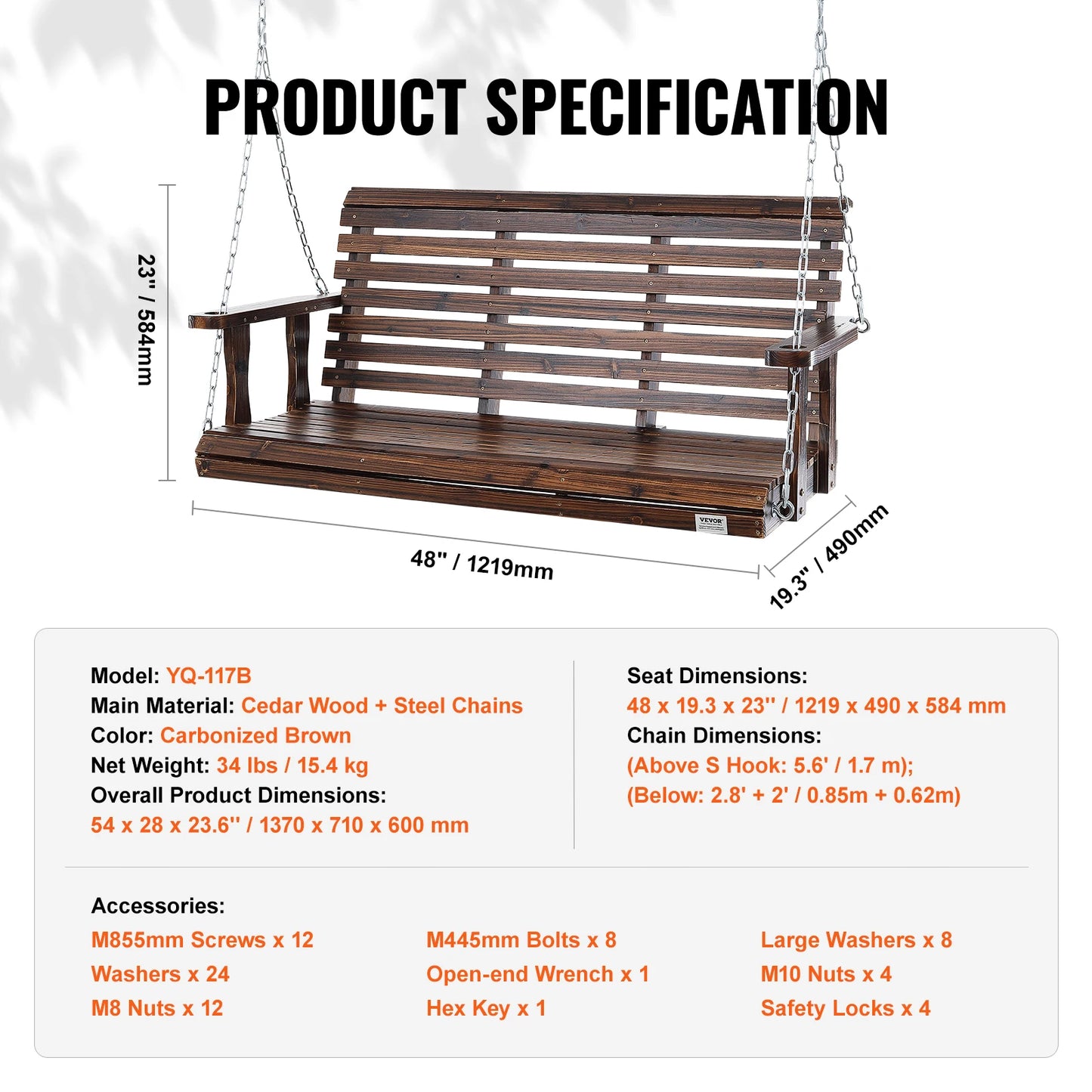 SucceBuy Wooden Porch Swing For Patio Outdoor Courtyard Load Capacity