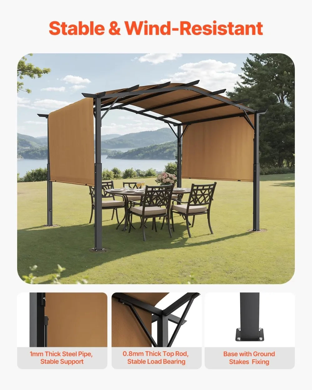 Outdoor Pergola With Retractable Canopy Heavy Duty Metal Frame