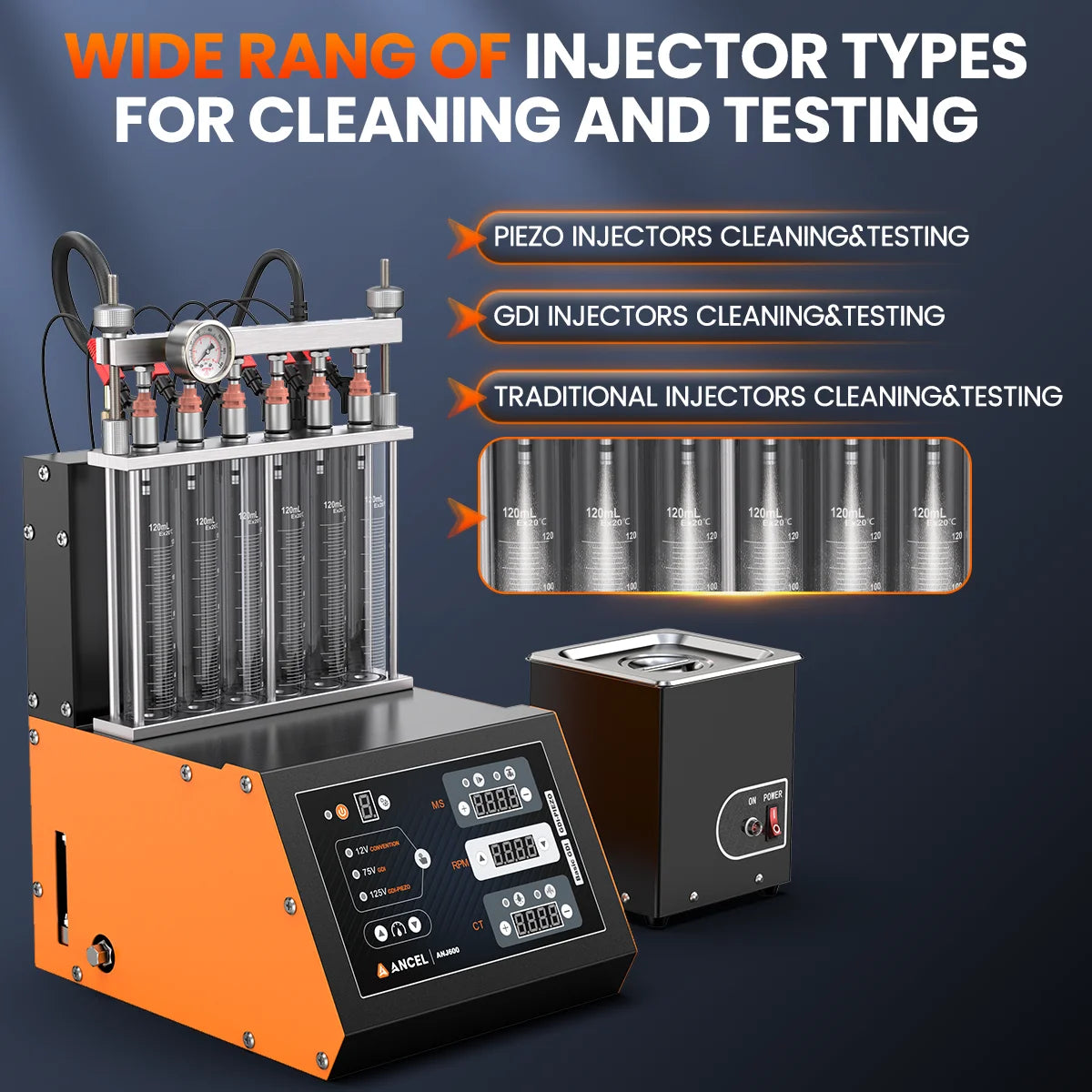 ANCEL ANJ600 PIEZO GDI Car Fuel Injector Tester Cleaner Machine Ultrasonic Cleaning EFI FEI Fuel Injectors 6-Cylinders 110V 220V