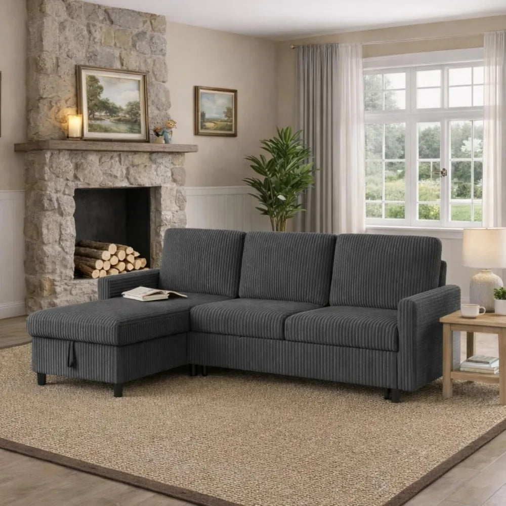 L-Shaped Corduroy Sleeper Sofa With Storage, Convertible