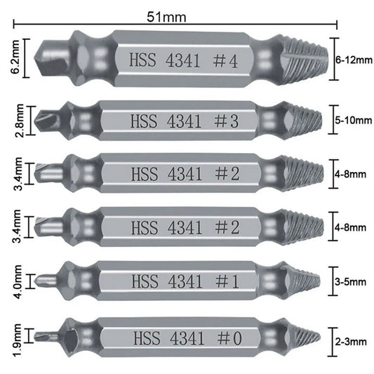 6-Piece Damaged Screw Extractor Set For Breakage Removal