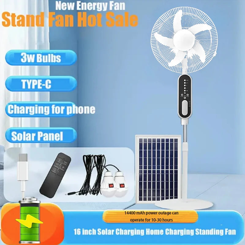 16 inch 14400mAh rechargeable battery solar rechargeable fan with solar panel, 2 bulbs, remote control function, 9 wind speeds