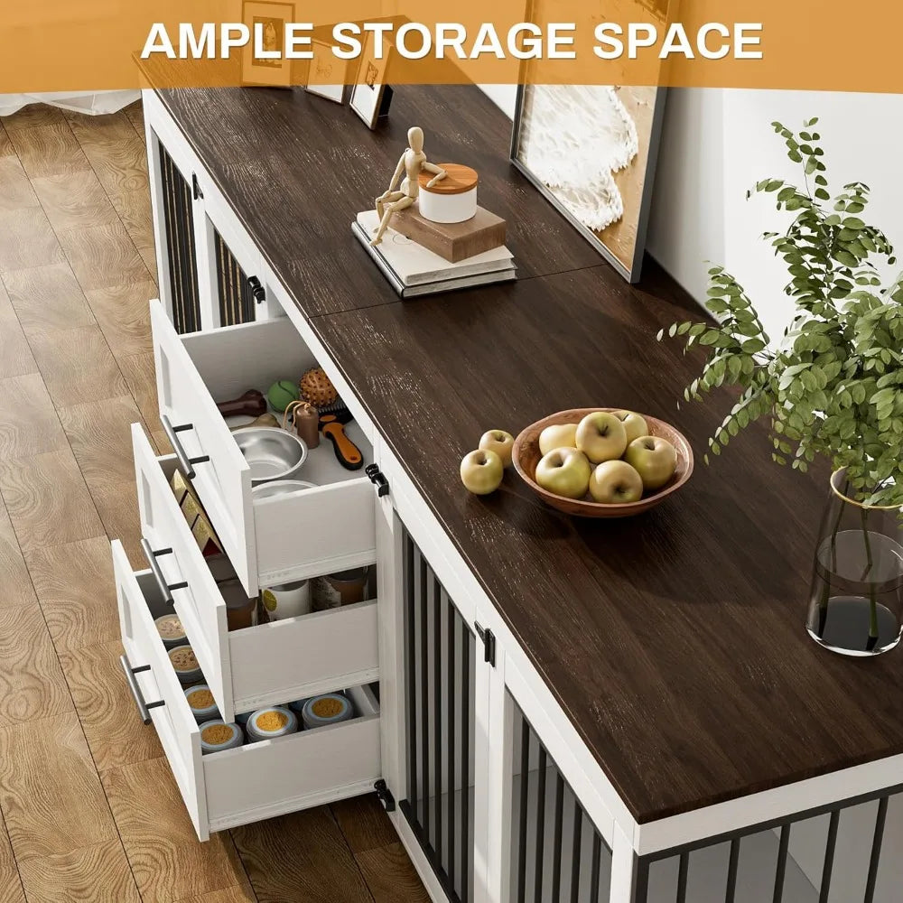DAFIFY Double Wooden Dog Crate Furniture With Bowls And Drawers