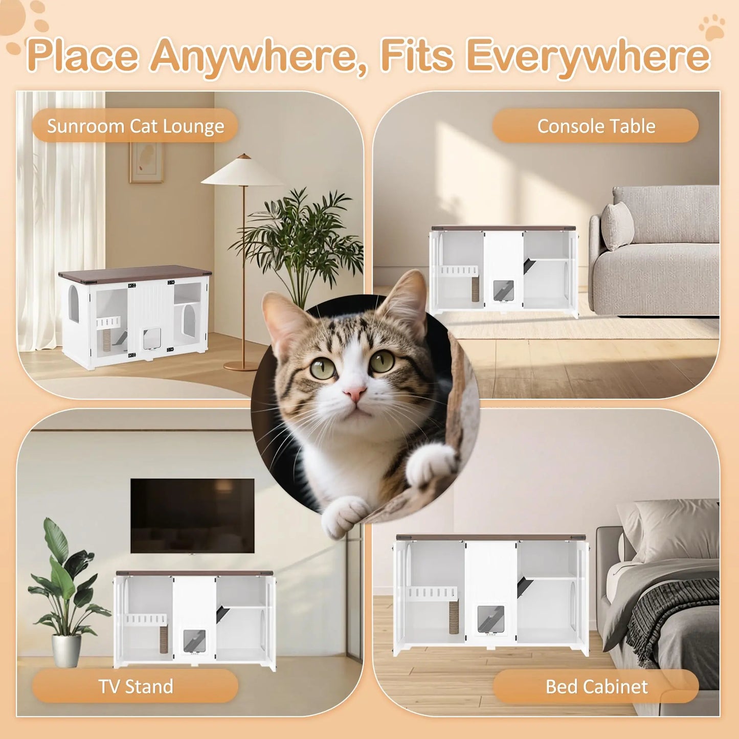Cat House Hidden Litter Box Enclosure With Led Light, Scratch Pad, Smart Doors